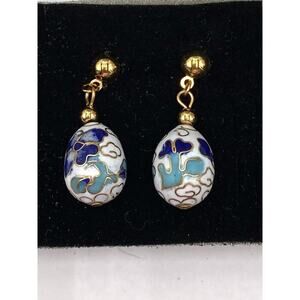 AVON Cloisonné Earrings Eggs White Blue Enamel Dangles surgical Steel Posts